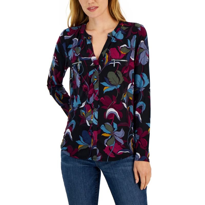 International Concepts Petite Split Neck Zippered Pocket Top